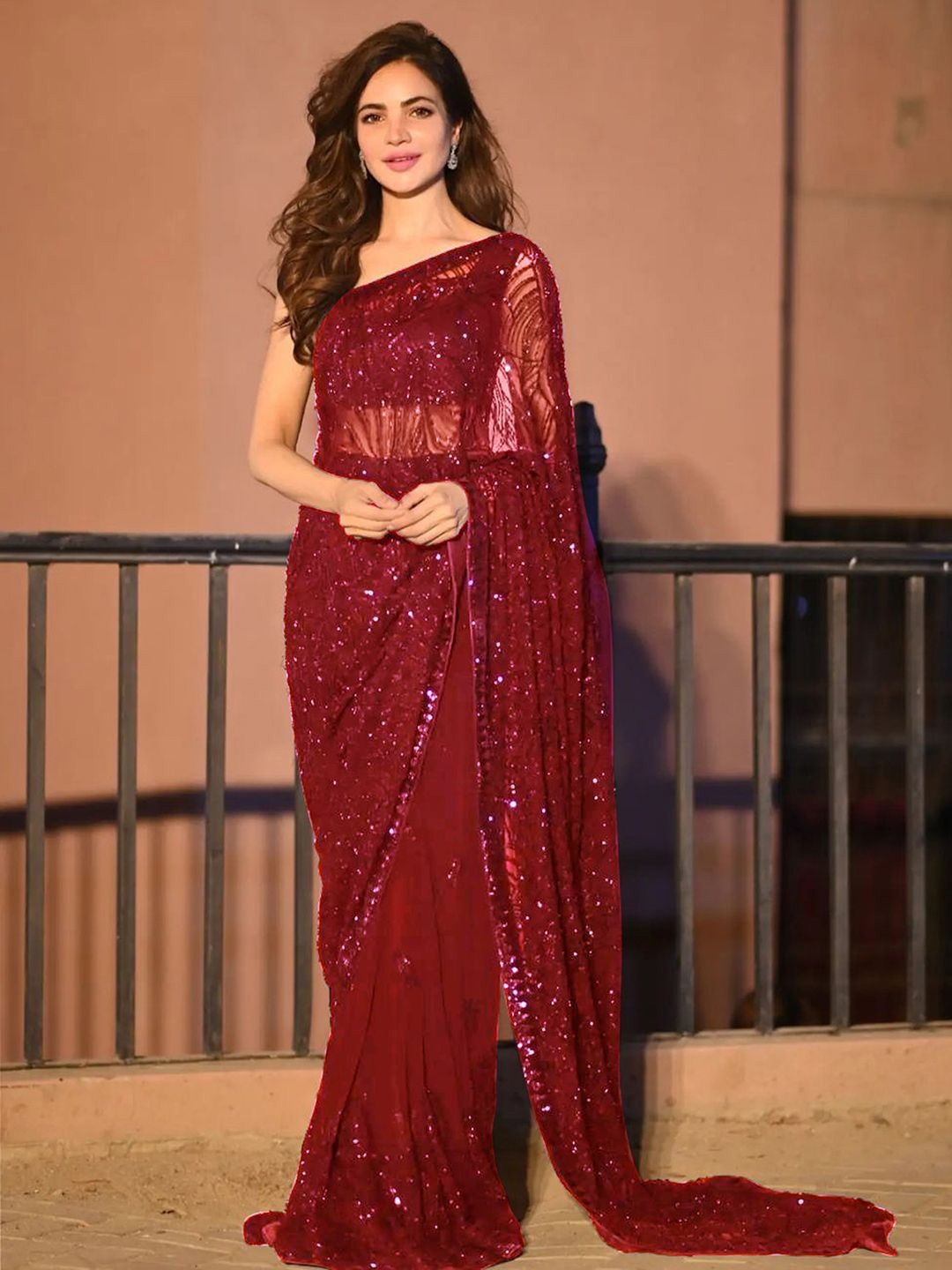 

SWADESI STUFF Embellished Sequinned Pure Georgette Saree With Unstitched Blouse Piece, Red