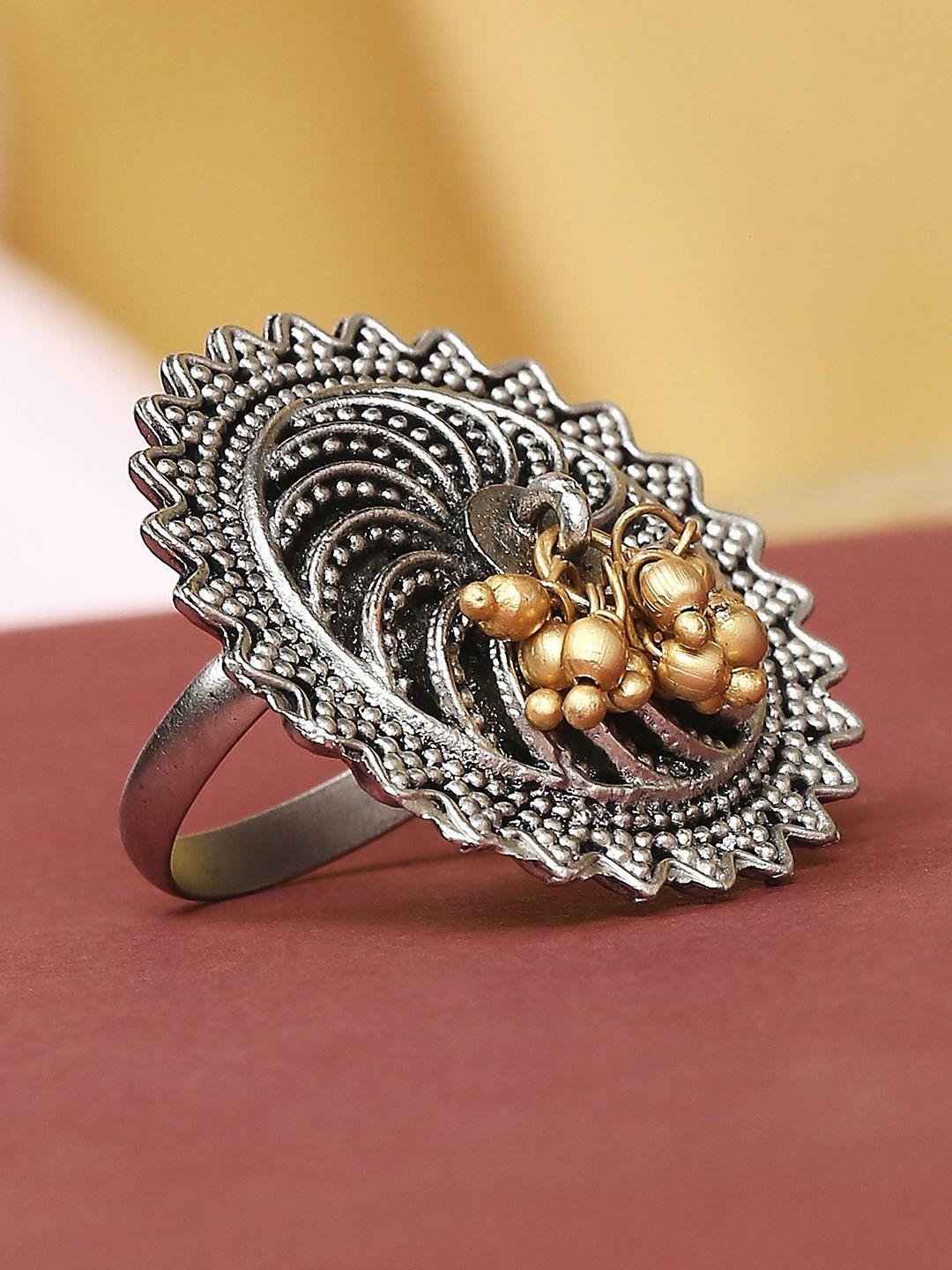 

Sangria Oxidised Tribal / Afghan Theme Adjustable Finger Ring With Ghungroo, Silver