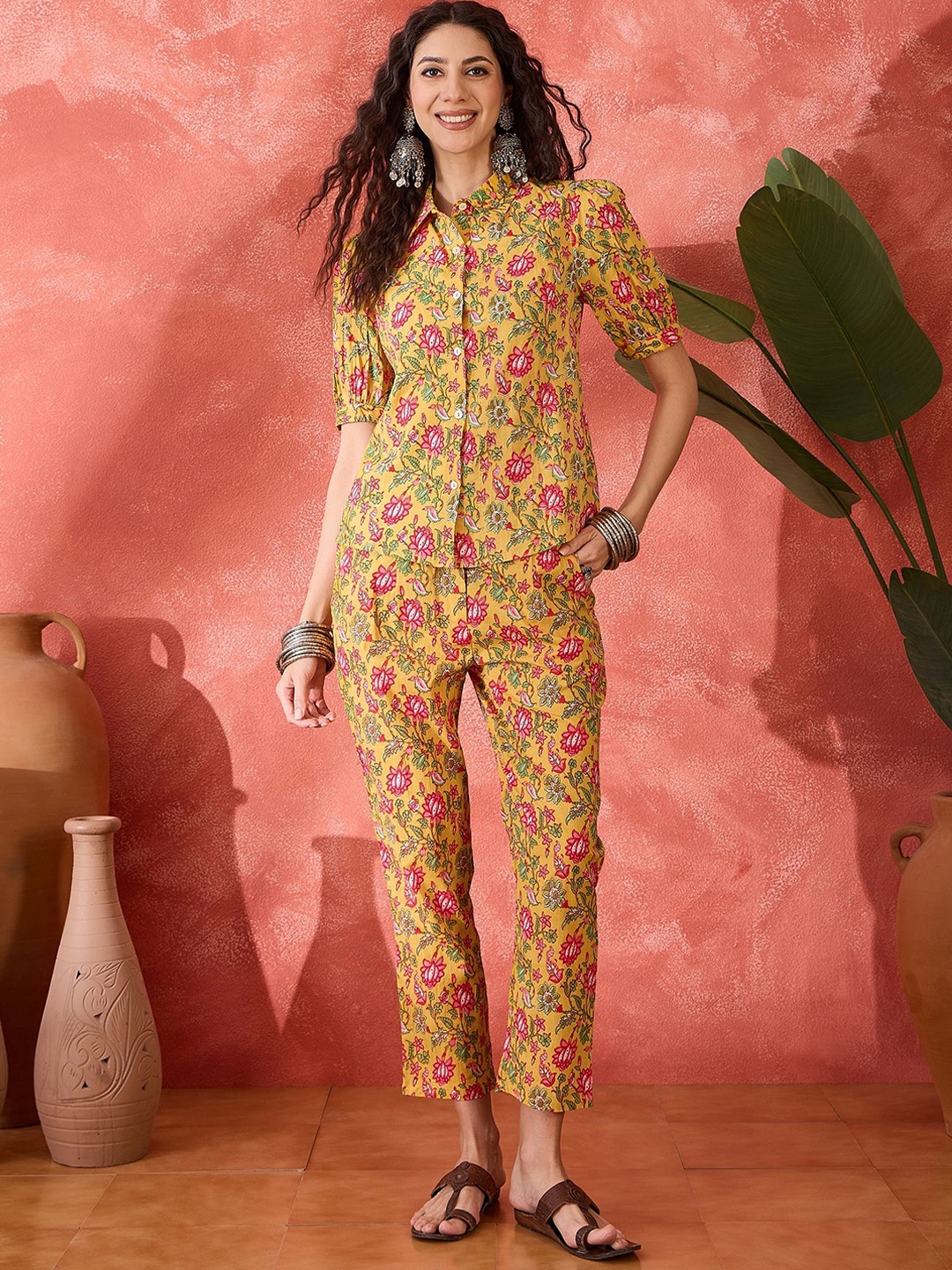 

Sangria Floral Printed Short Sleeves Pure Cotton Shirt & Trouser, Mustard