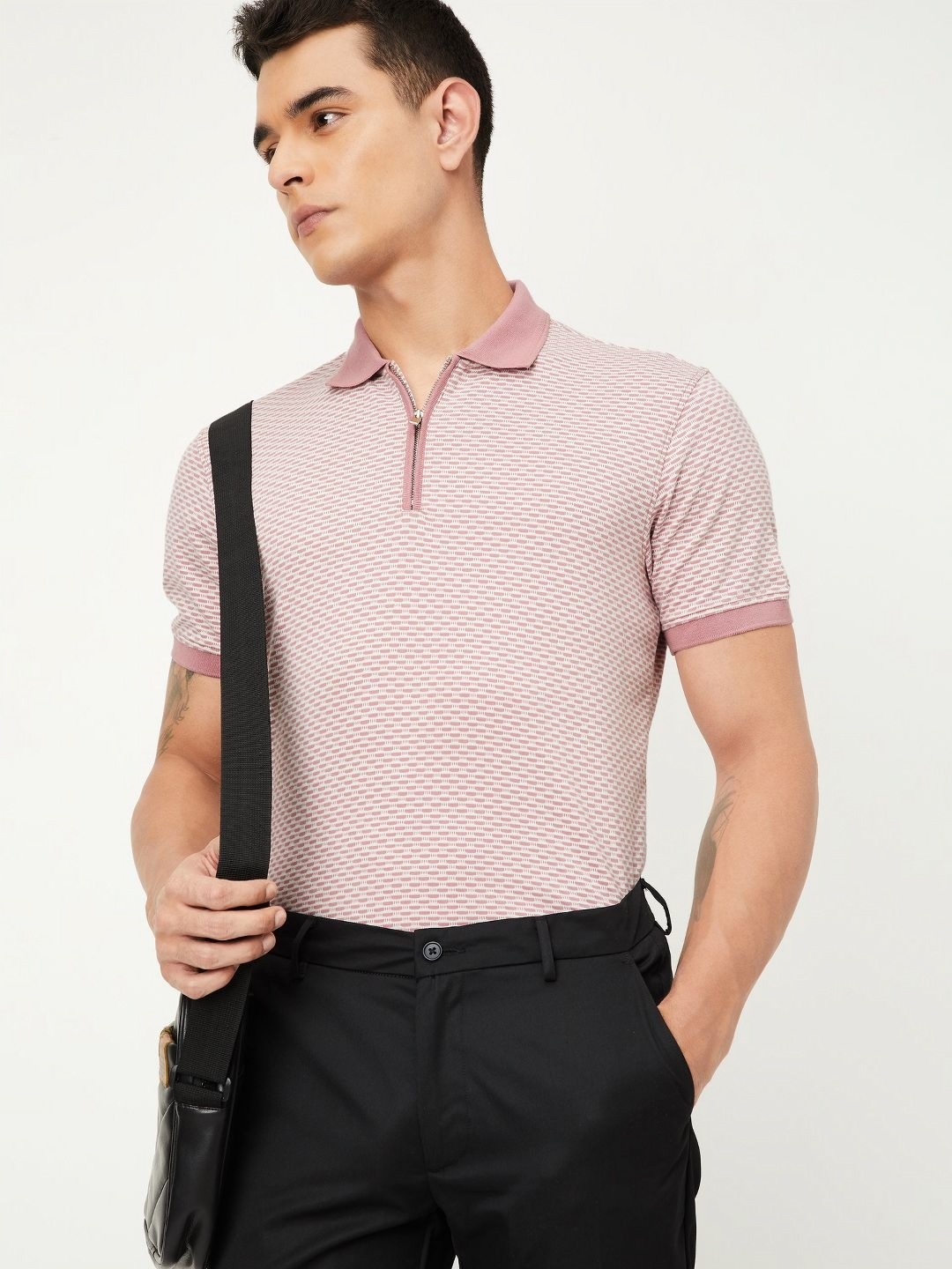 

max Men Striped Polo Collar Pockets T-shirt, Pink