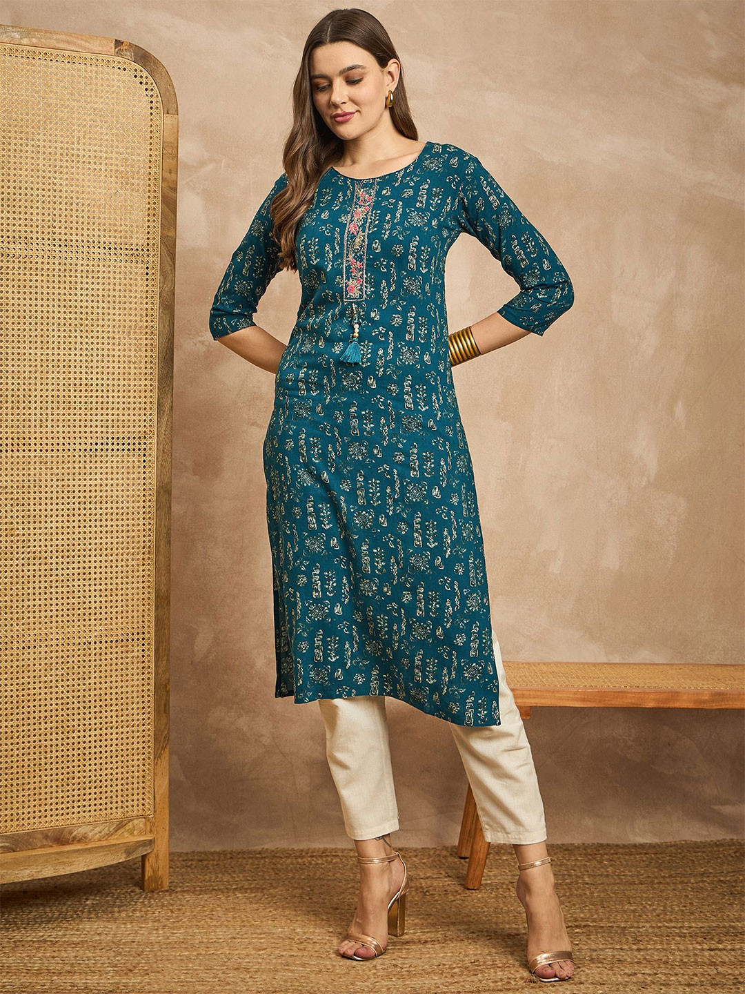 

CHETI Printed Straight Kurta, Turquoise blue
