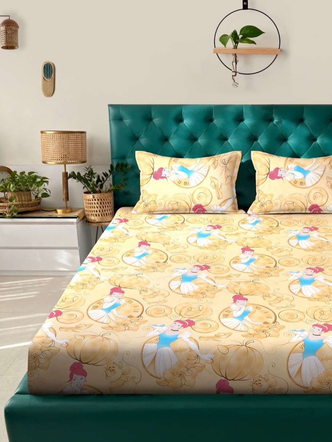 

KLOTTHE Yellow Cartoon Printed 400 TC Cotton Bedsheet & 2 Pillow Covers 2.50 x 2.25 m