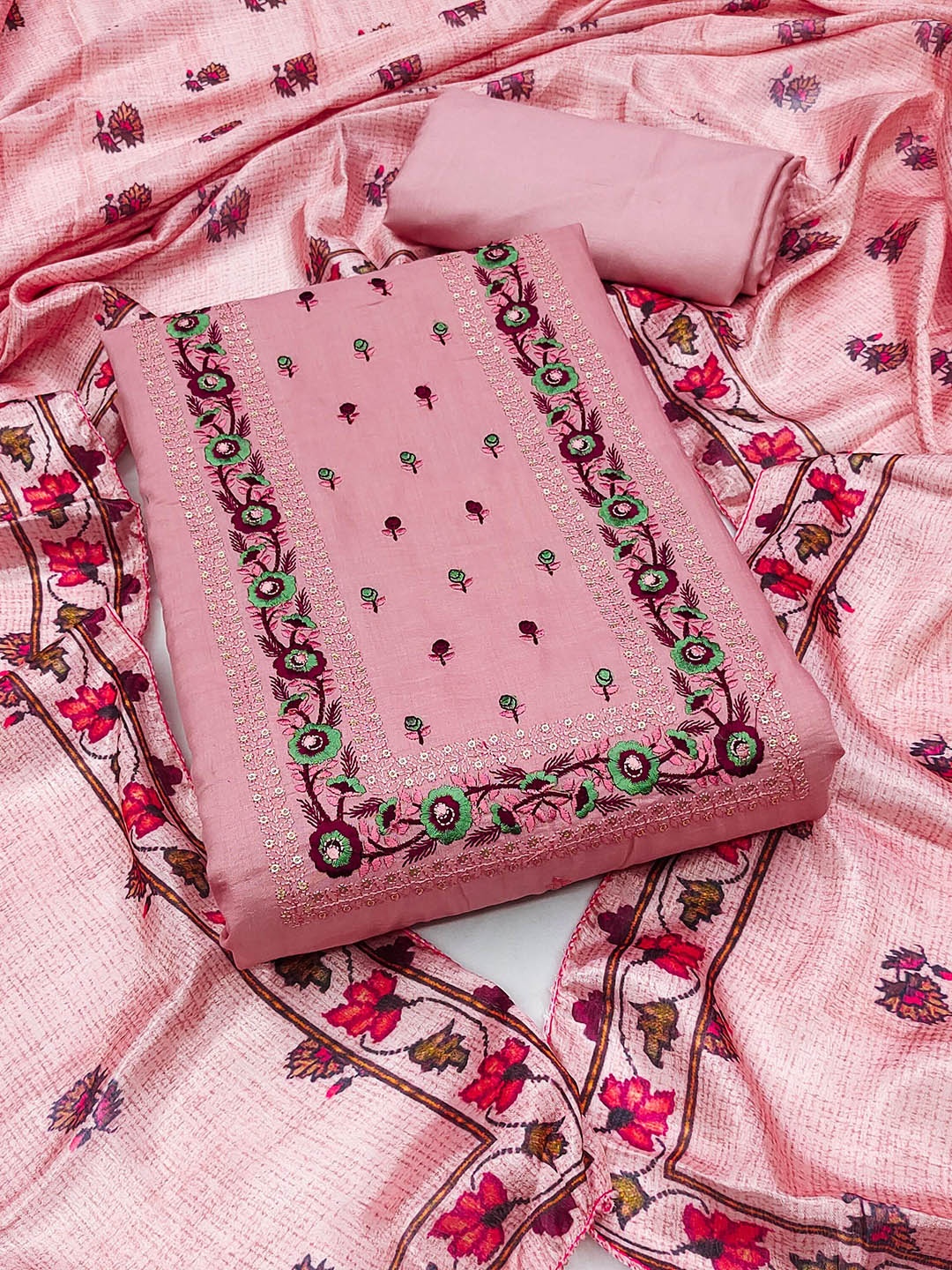 

SHADOW & SAINING Floral Embroidered Sequinned Parampara Silk Unstitched Dress Material, Pink