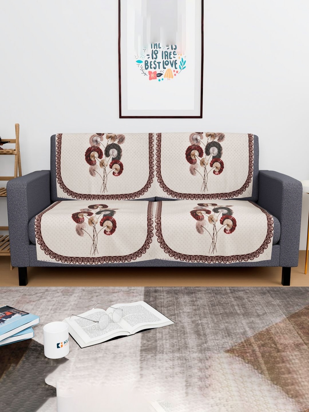 

Aura Cream-Coloured & Brown 4 Pieces Floral Printed 2 Seater Velvet Sofa Covers