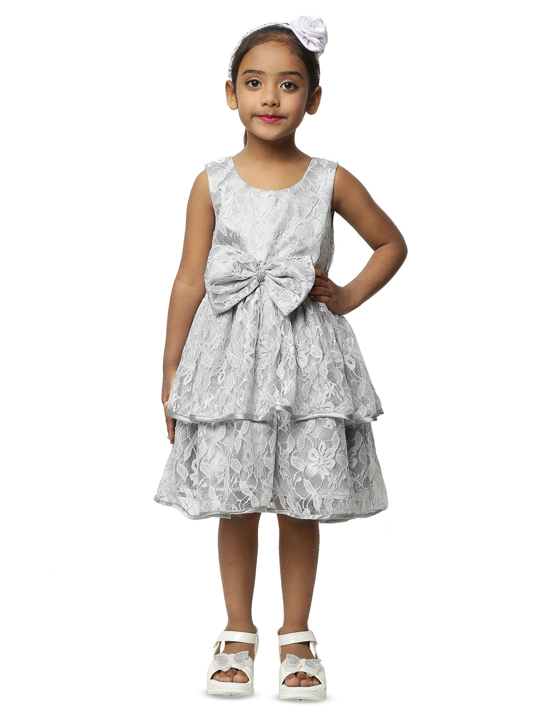 

Wow Princess Girls Floral Self Design Fit and Flare Knee Length Dress, Grey
