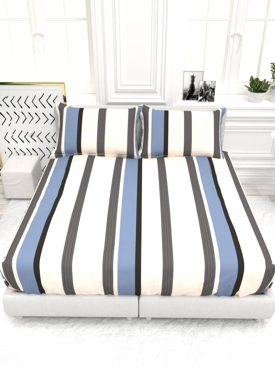 

THE WHITE MOSS Grey & White Printed 210 TC Queen Bedsheet Set - 2.25 m X 2.55 m