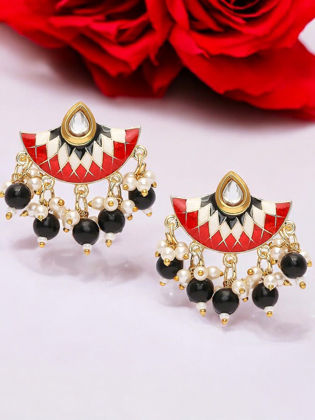 

Anouk Artificial Stones And Beads Beaded Crescent Shaped Meenakari Drop Earrings, Black