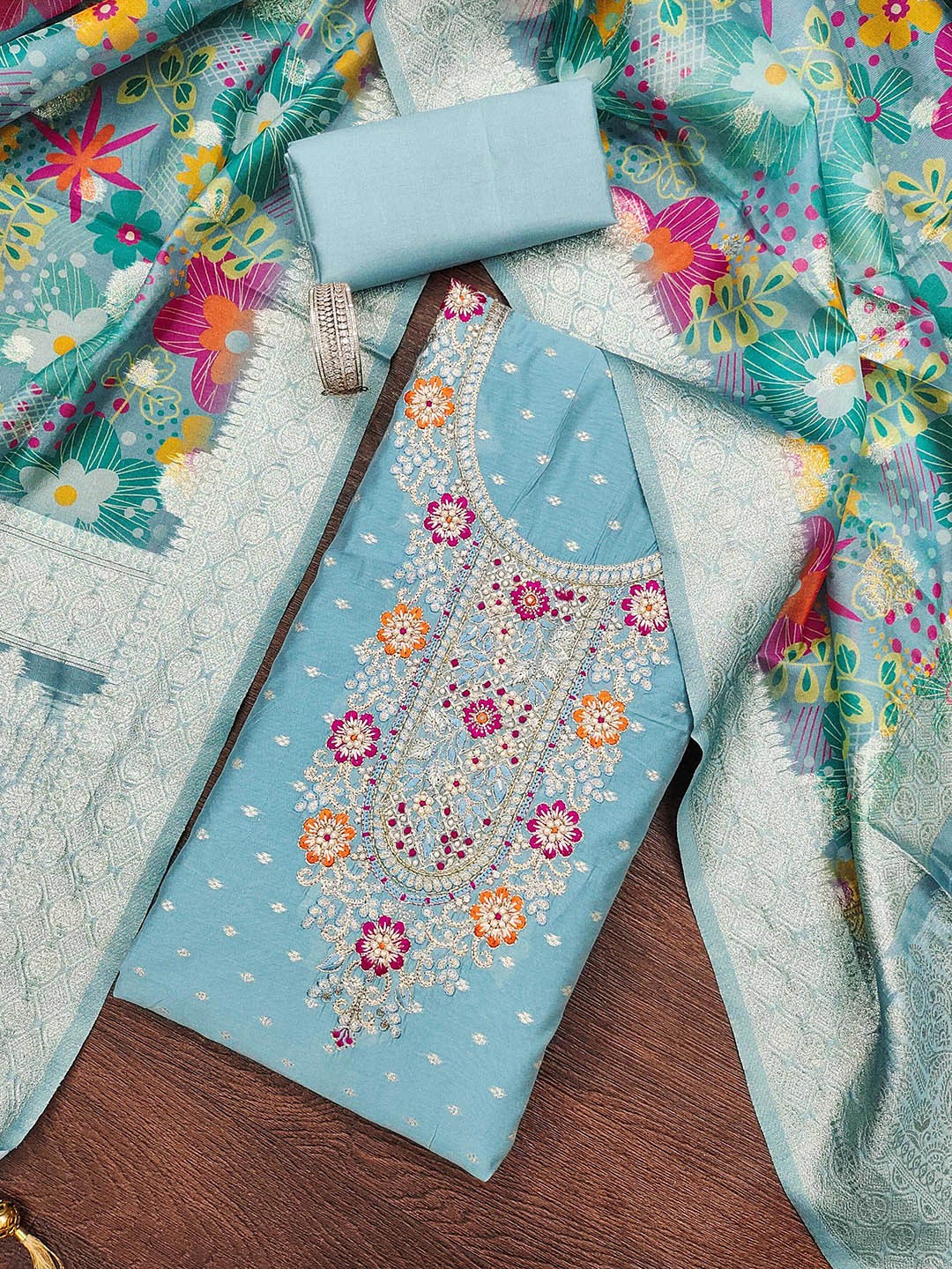 

SHADOW & SAINING Floral Woven Design Beads and Stones Unstitched Dress Material, Blue