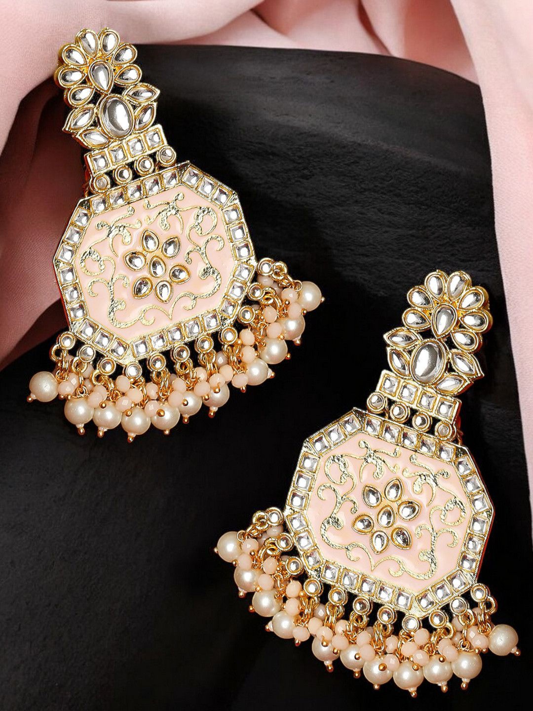 

Anouk Kundan Studded And Beaded Contemporary Shaped Drop Earrings, Peach