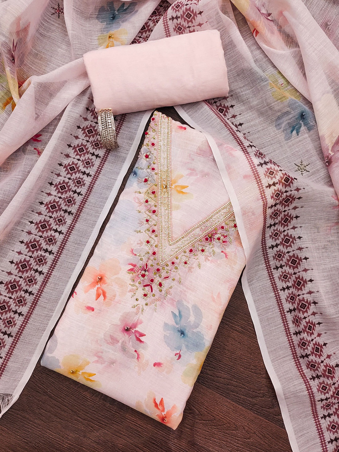 

SHADOW & SAINING Floral Printed Beads Work Lilan Cotton Unstitched Dress Material, Pink