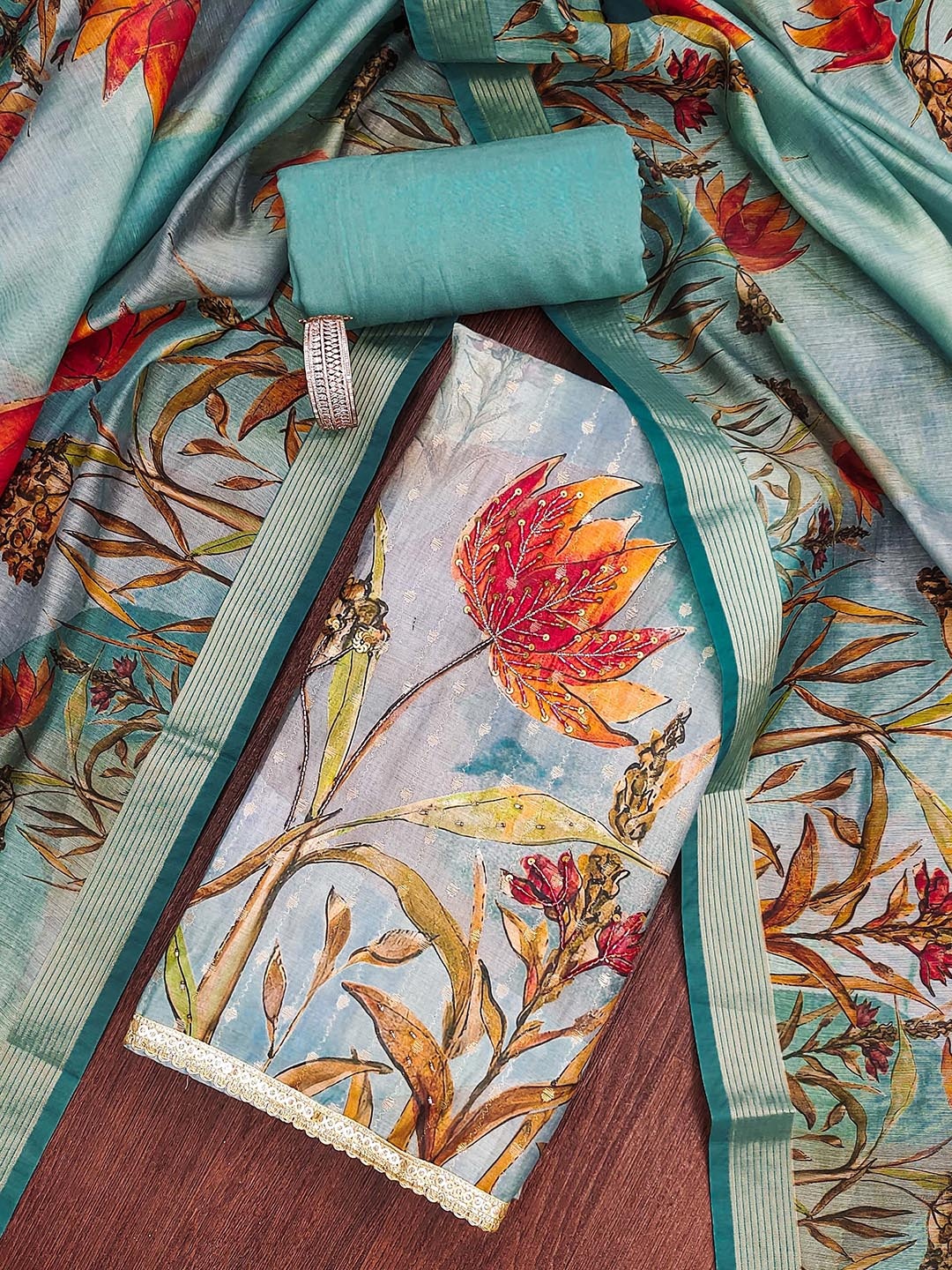 

SHADOW & SAINING Floral Embellished Semi-Stitched Dress Material, Blue
