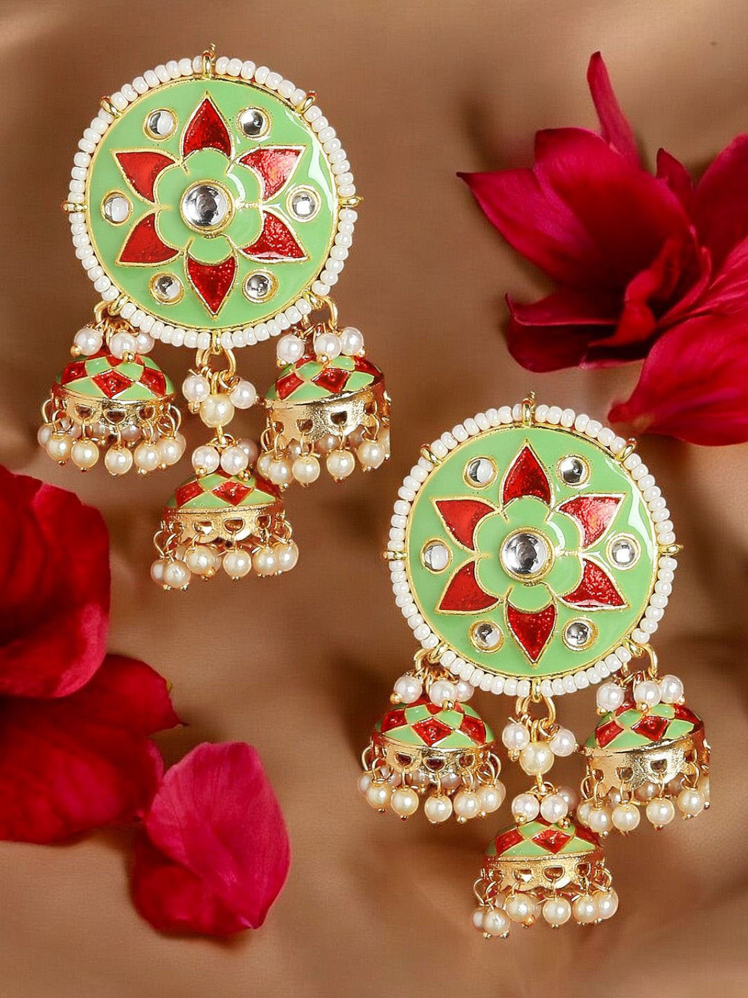 

Anouk Kundan Studded And Beaded Dome Shaped Jhumkas, Green