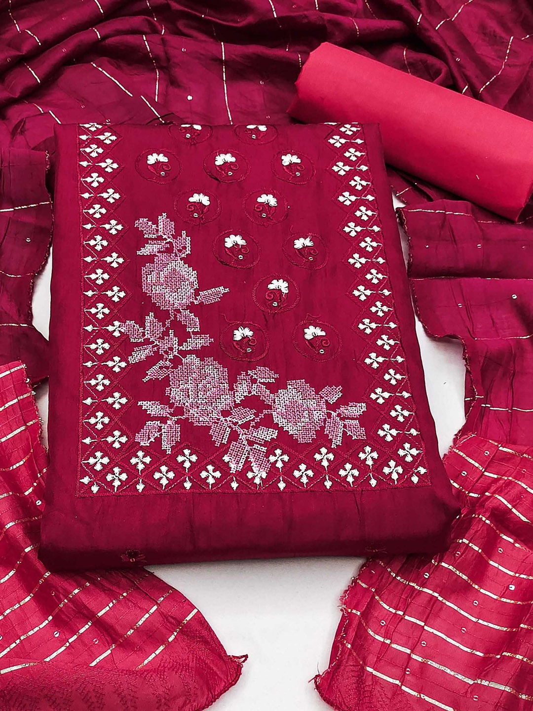 

SHADOW & SAINING Floral Embroidered Sequinned Pure Silk Unstitched Dress Material, Maroon