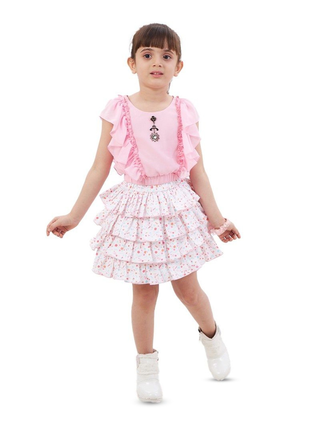 

BAESD Corazon Girls Round Neck Ruffle Top & Polka Dot Skirt, Pink