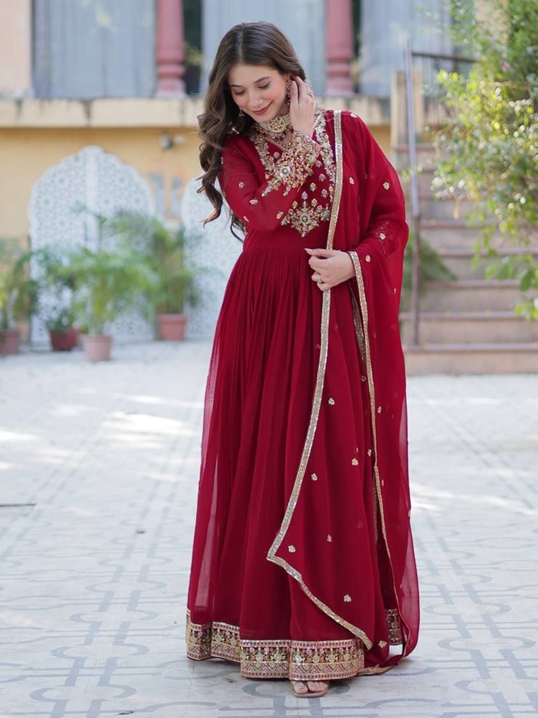 

ZIBLON Floral Georgette Maxi Dress, Maroon