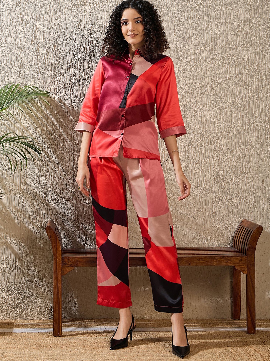 

StyleStone Colourblocked Shirt Collar Neck Shirt With Trousers Co-Ords, Red