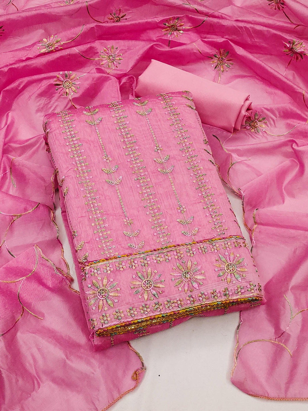 

SHADOW & SAINING Floral Embroidered Unstitched Dress Material, Pink