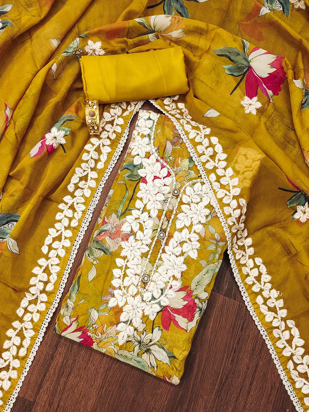 

SHADOW & SAINING Floral Printed Thread Work Organza Unstitched Dress Material, Mustard