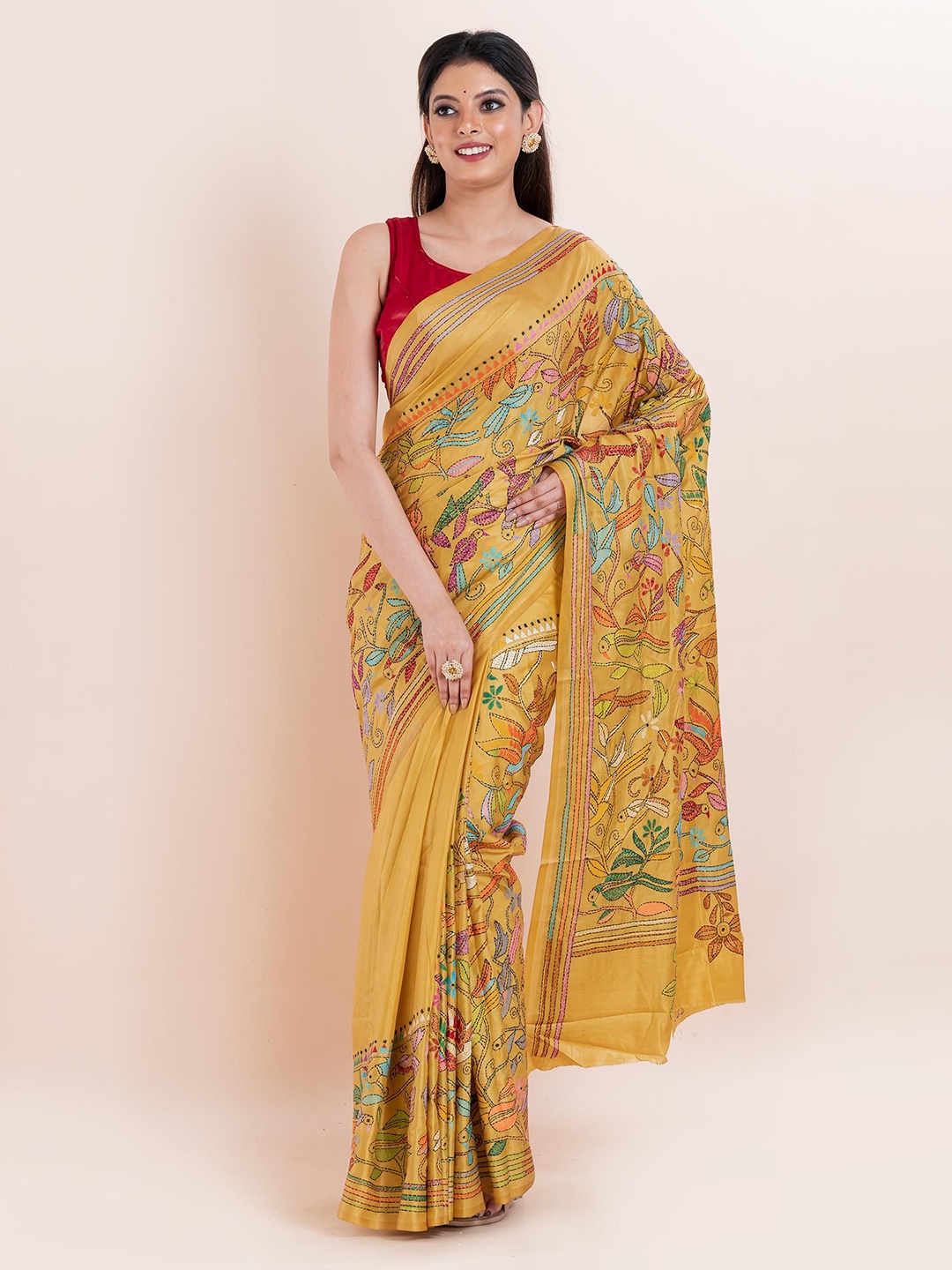 

PUKU Ethnic Motifs Embroidered Kantha Work Saree, Mustard