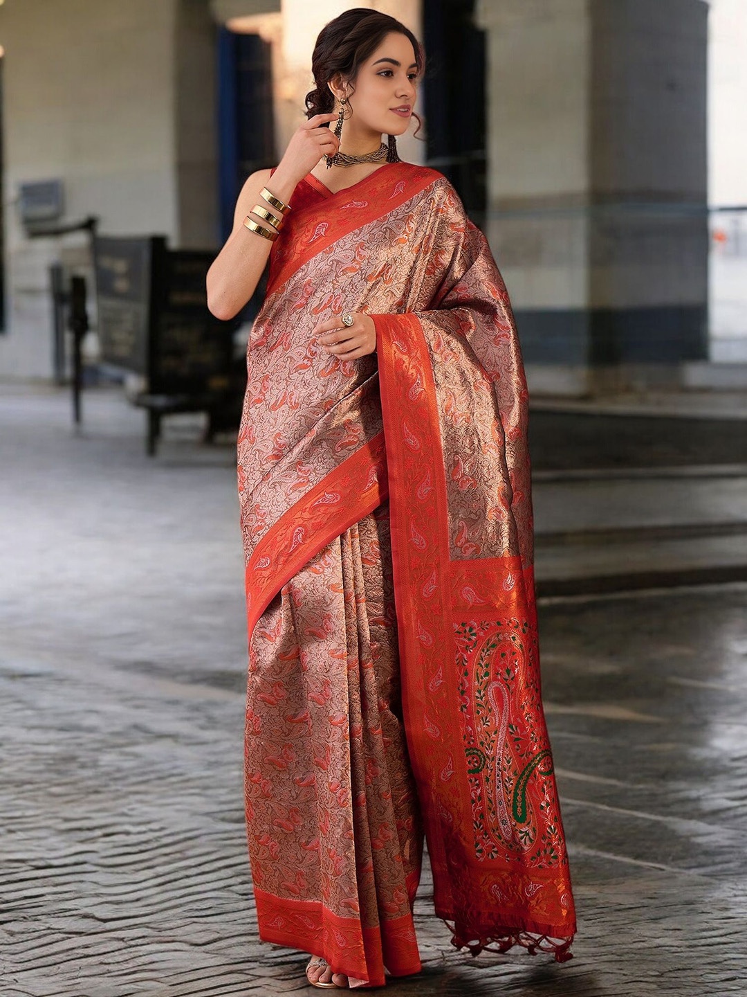 

KIMISHA Woven Design Zari Banarasi Saree, Rust