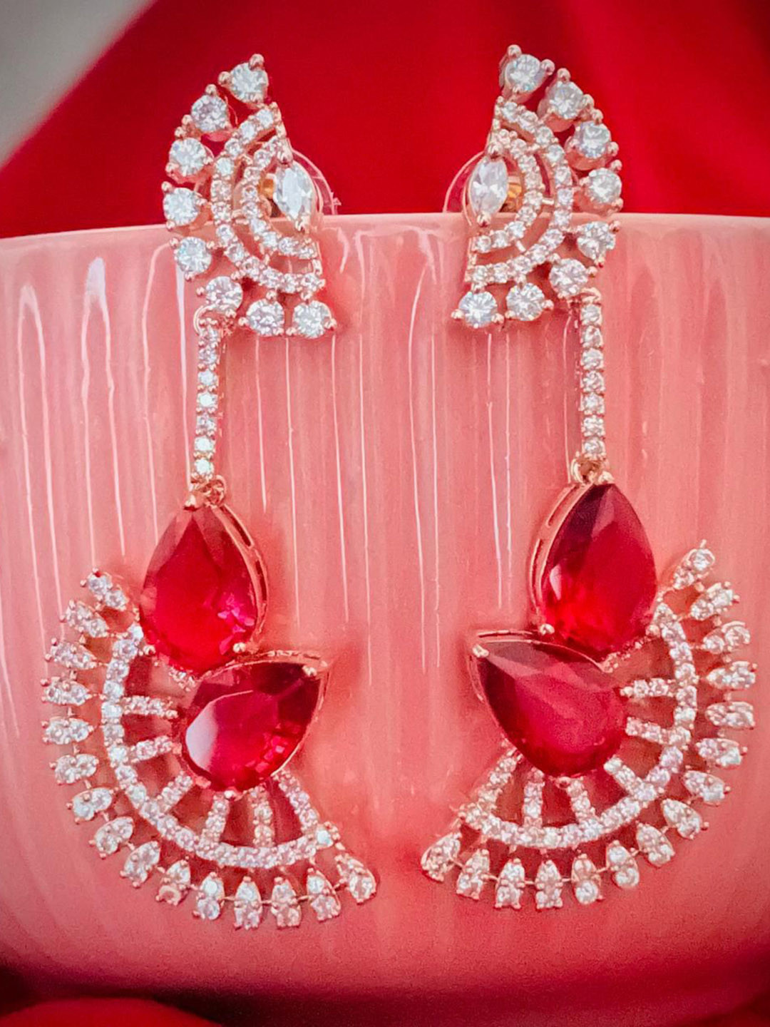 

MONI LIFESTYLE American Diamond Studded Crescent Shaped Statement Drop Earrings, Rose gold