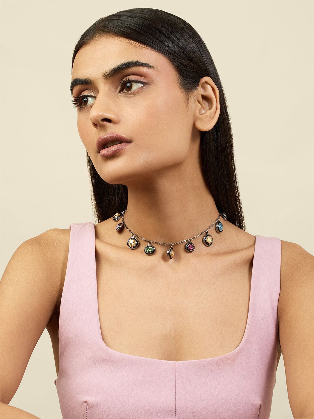 

Isharya Brass-Plated Crystals Stone Studded Dark Sea Charm Choker Necklace, Silver