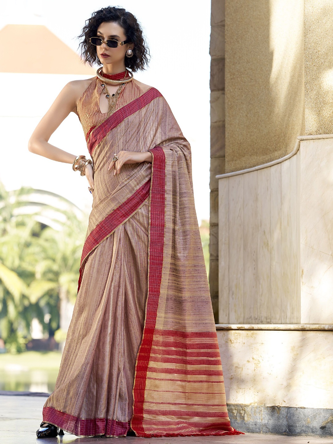 

MAHALASA Woven Design Striped Pure Cotton Saree, Beige