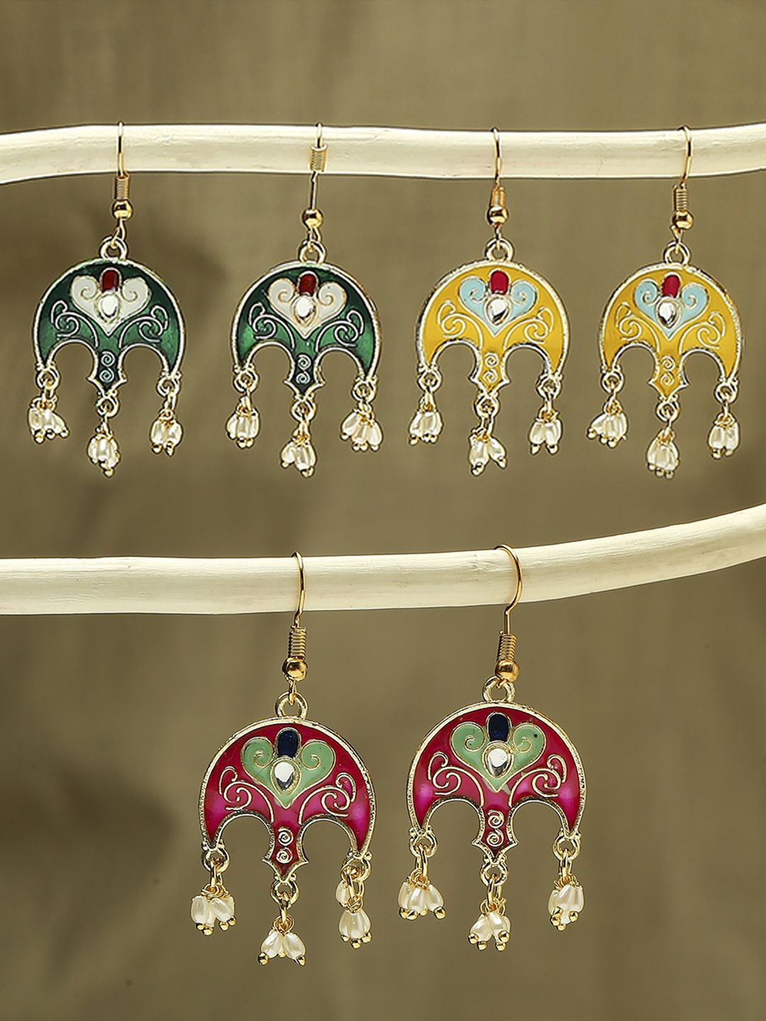 

Anouk Set Of 3 Artificial Beads Beaded Contemporary Shaped Meenakari Drop Earrings, Green