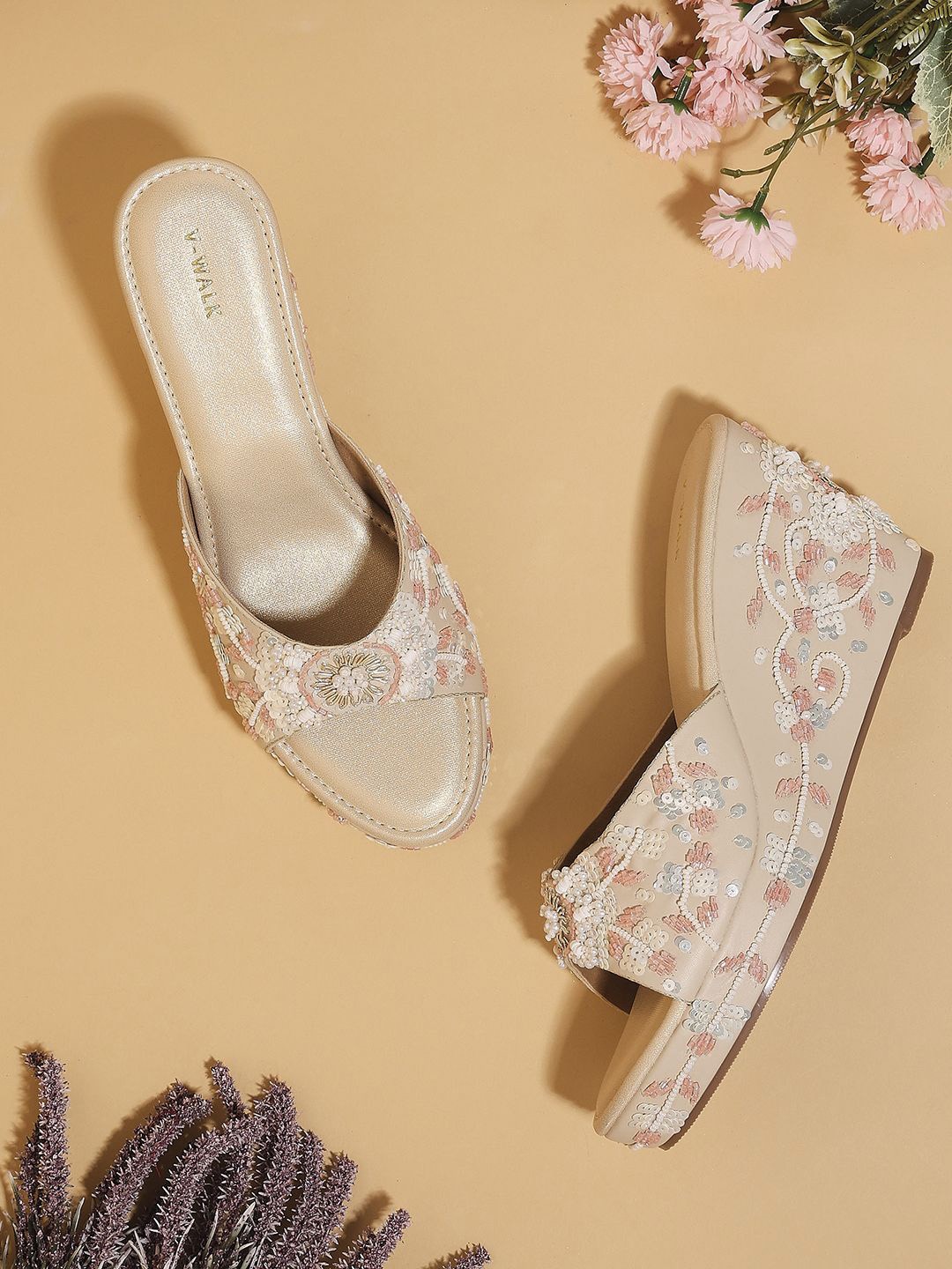 

V-WALK Women Embellished Party Platform Sandals, Beige