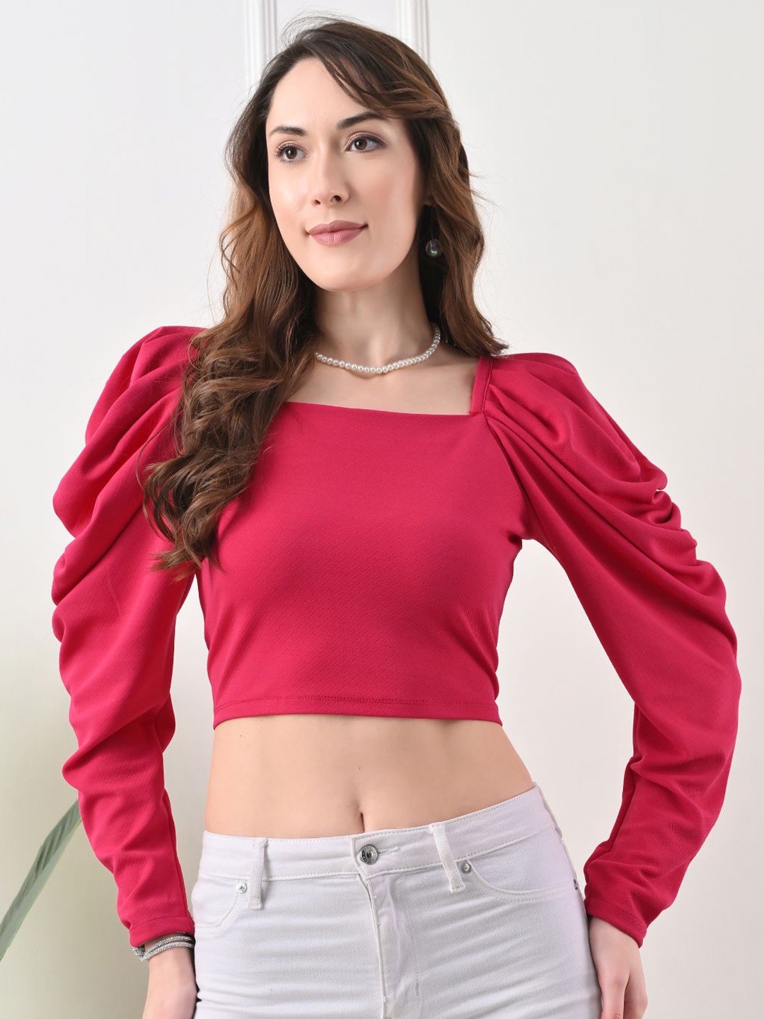 

BAESD Women Square Neck Puff Sleeve Crop Top, Pink