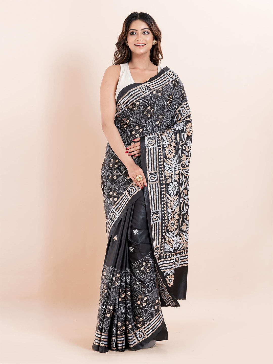 

PUKU Ethnic Motifs Kantha Work Saree, Black