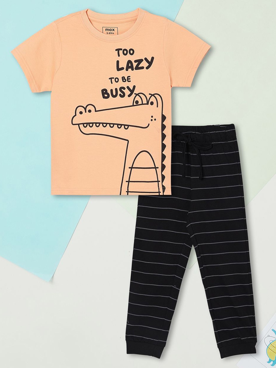 

max Girls Printed Round Neck Pure Cotton T-shirt with Trousers, Peach