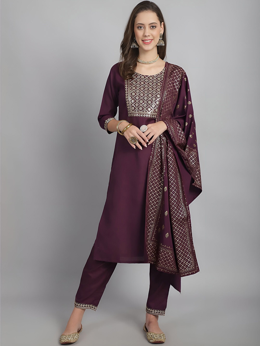 

Shree Infinity Export Sequinned Embellished Pure Cotton Kurta With Trousers & Dupatta, Brown