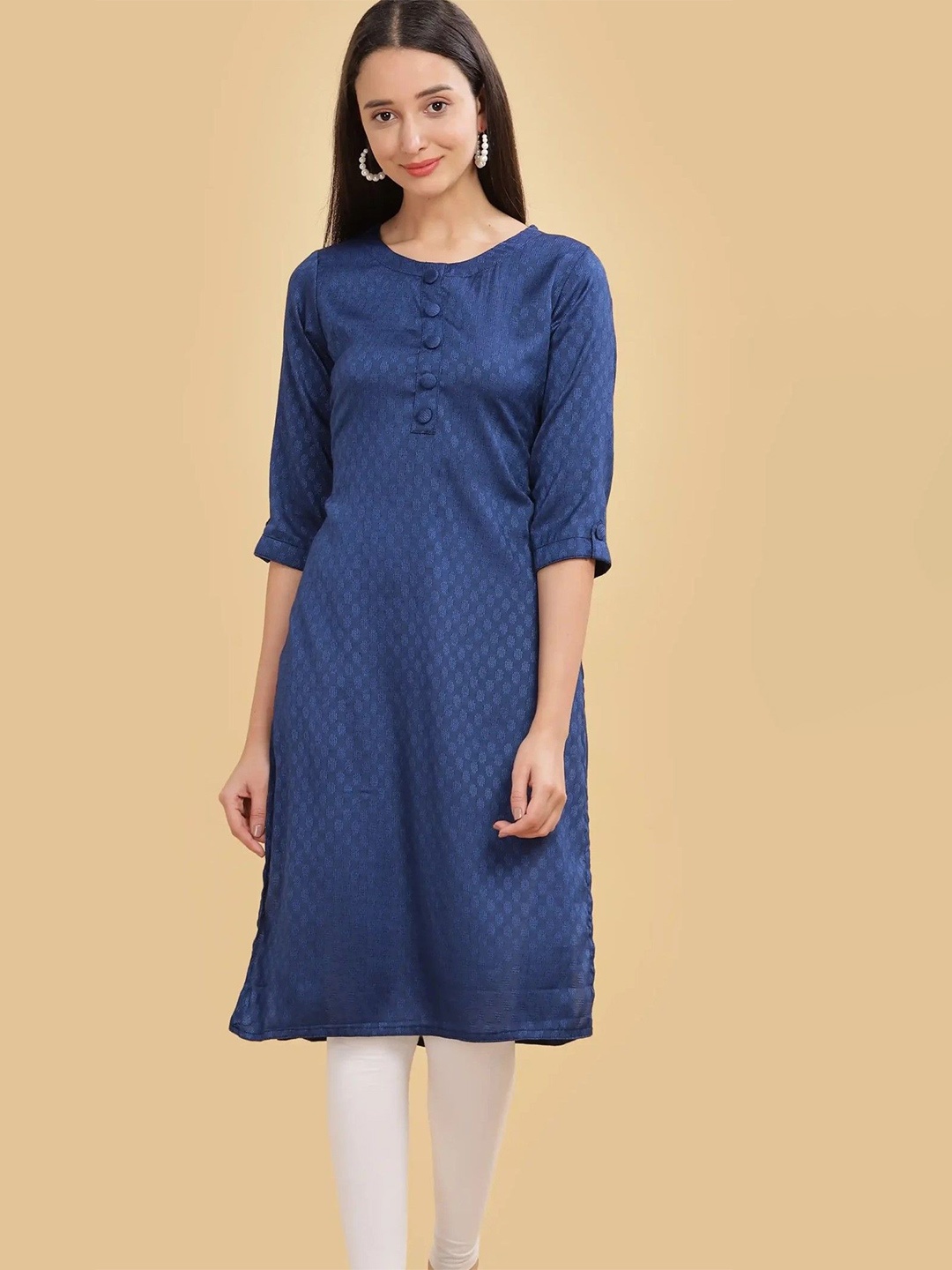 

Girly Colours Women Woven Design Pure Cotton Round Neck Straight Kurta, Navy blue