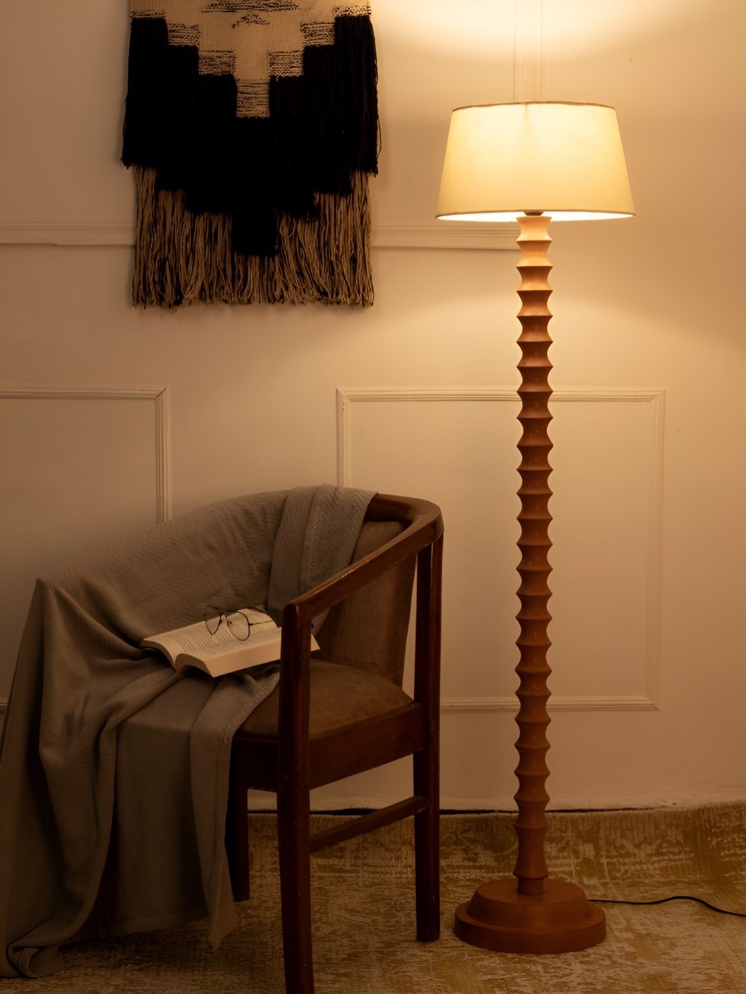 

green girgit Beige & Brown Frustum Shaped Wooden Floor Lamp