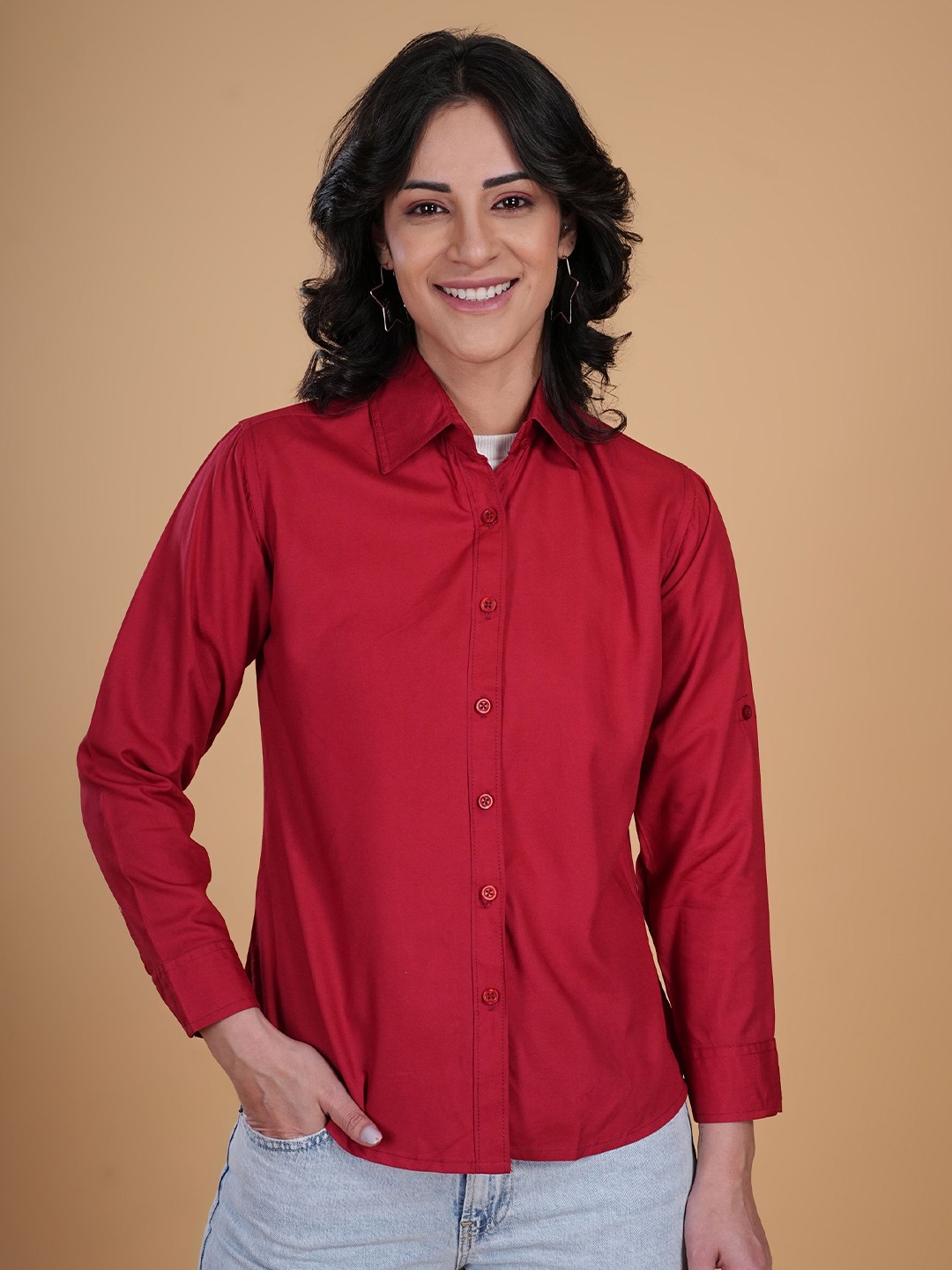 

LILY BUDS Women Standard Fit Spread Collar Solid Casual Shirt, Maroon