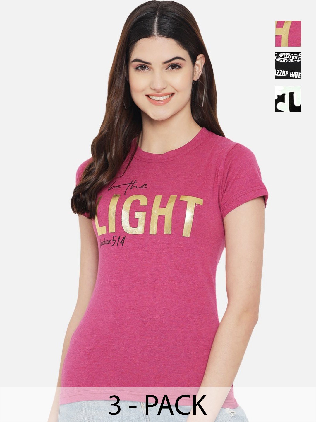 

Dreambe Pack Of 3 Typography Printed Cotton T-shirt, Pink