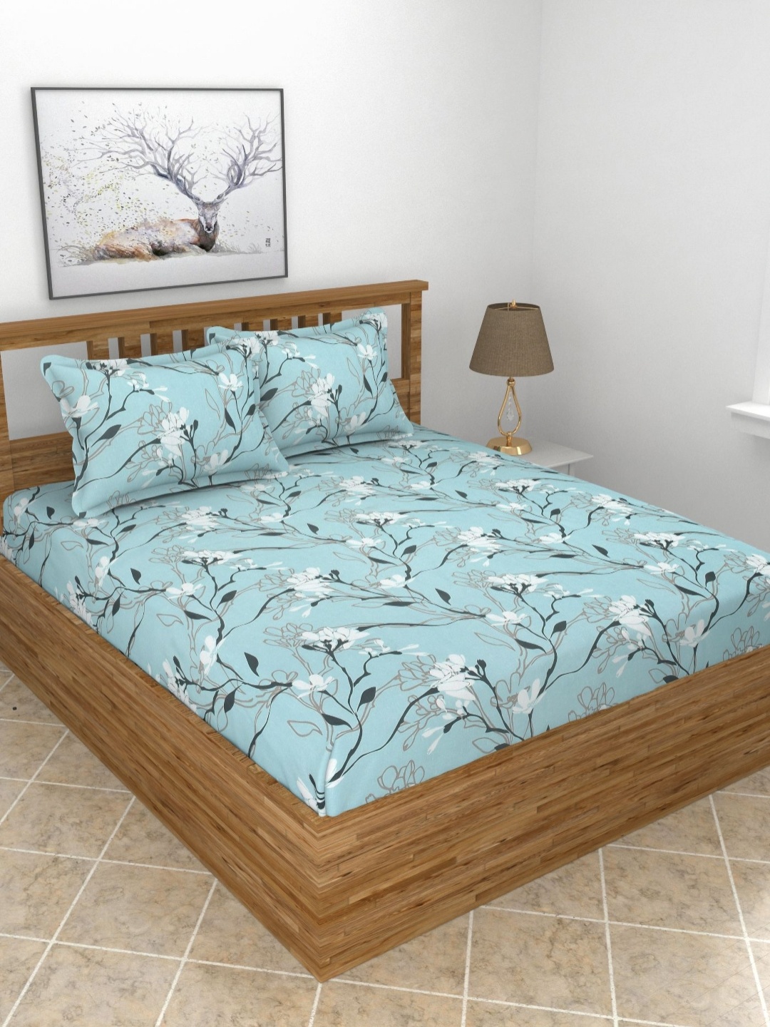 

BREVARD Blue & White Floral Printed 210 TC Cotton King Bedsheet Set 2.74 m x 2.74 m
