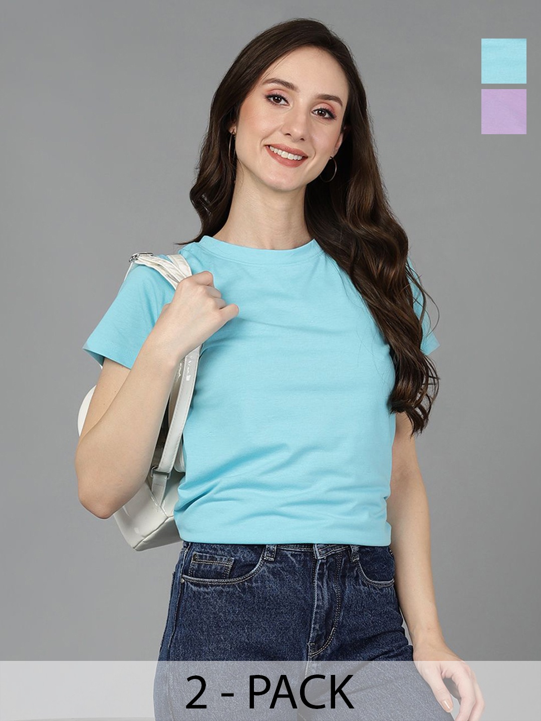 

Adyavastram Women Pack of 2 Solid Round Neck Cotton T-shirts, Blue