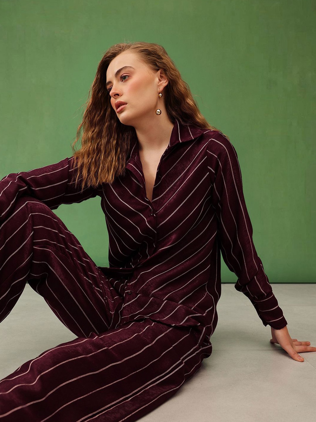 

KALINI Women Opaque Striped Party Shirt, Burgundy