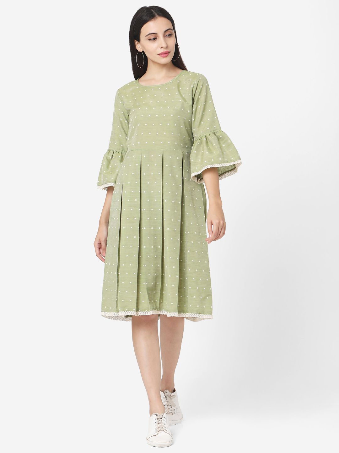 

KALINI Polka Dot Print Bell Sleeve Pleated Fit & Flare Dress, Green