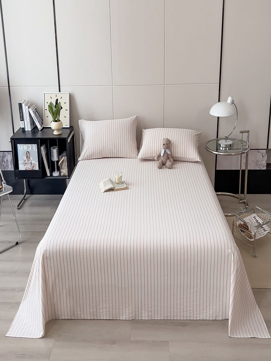 

JC HOME Pink & White Striped Pure Cotton 220 TC Queen Bedsheet Set 1.80 m x 2.30 m