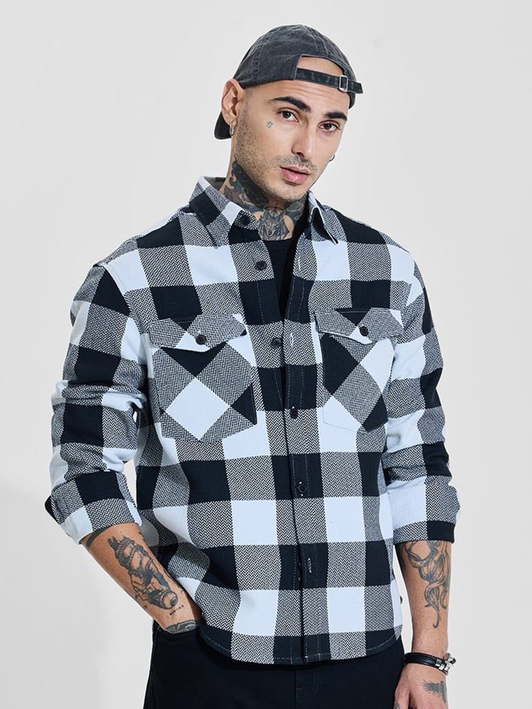 

Snitch Men Relaxed Fit Spread Collar Buffalo Checked Cotton Casual Shirt, Black
