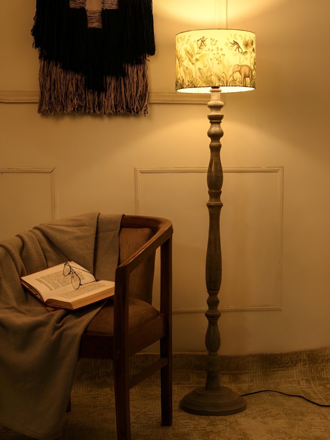 

green girgit Grey & White Printed Wooden Cylinder Shaped Floor Lamp