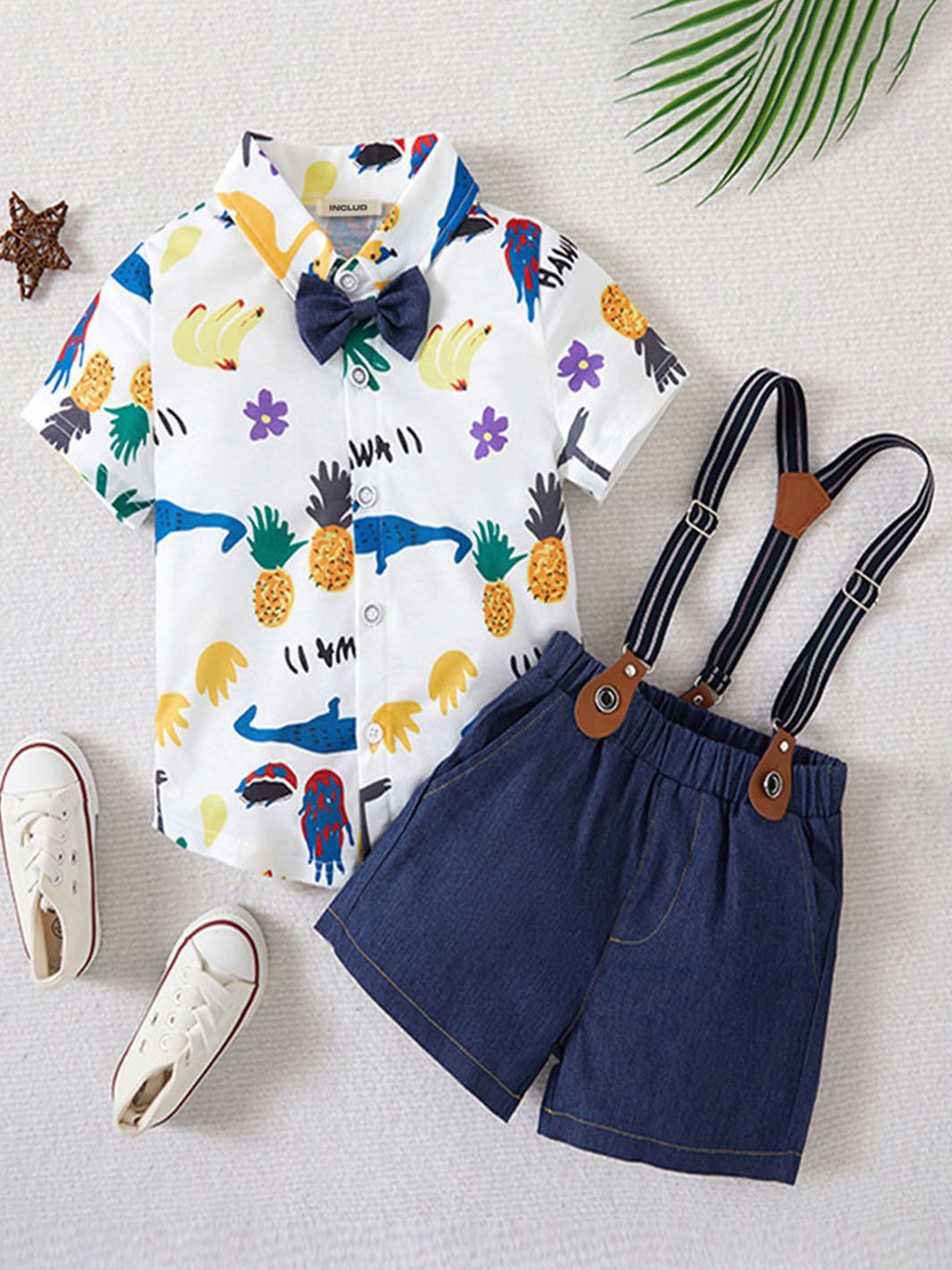 

INCLUD Boys Printed Short Sleeve Shirt With Suspender Shorts, White
