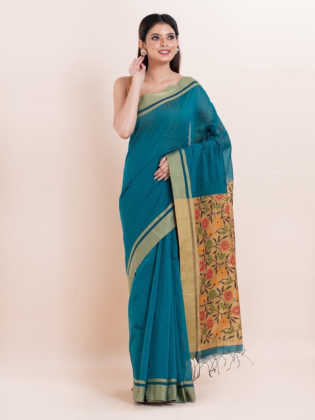 

PUKU Solid Zari Border Saree, Teal