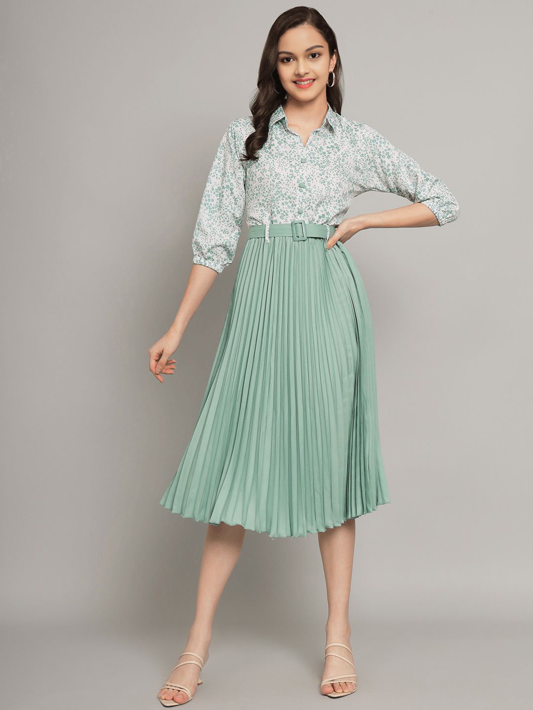 

OTABU Girls Printed A-Line Midi Dress, Sea green