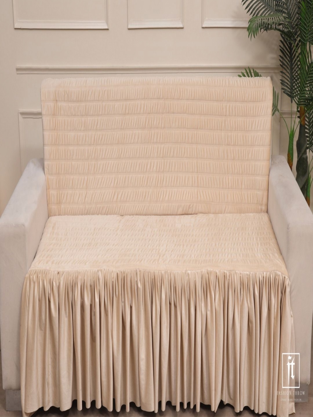 

Fashion Throw Beige Self Design Velvet 3 Seater Sofa Cover