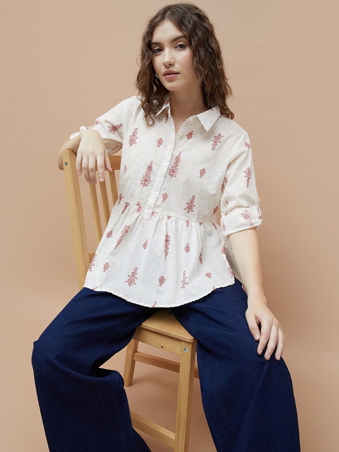 

Colour Me by Melange Floral Printed Cotton Three-Quarter Sleeves Top, Off white