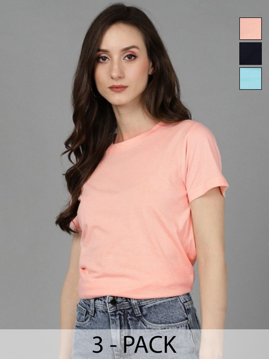 

Adyavastram Pack Of 3 Women Solid Cotton T-shirt, Pink